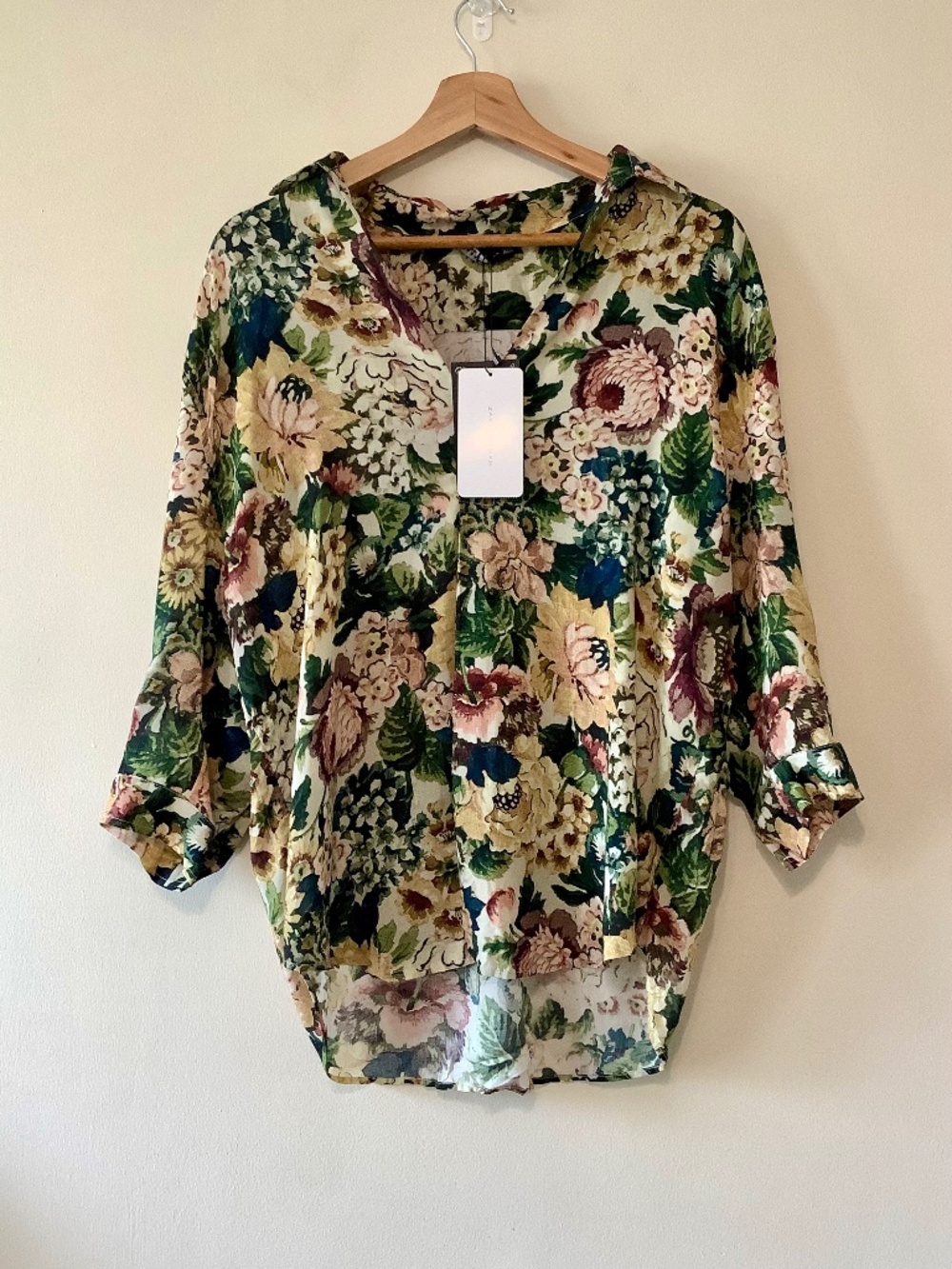 Zara Floral Print Boho Blouse Long Sleeve Tunic Shirt Green Pink Cream Oversized